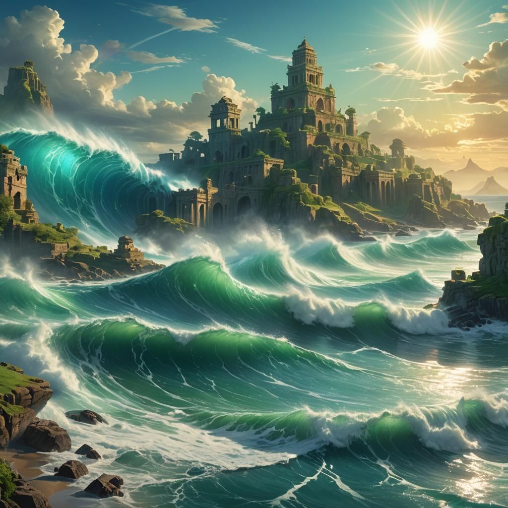 Majestic Wave Crashes on Mystical Island Shore