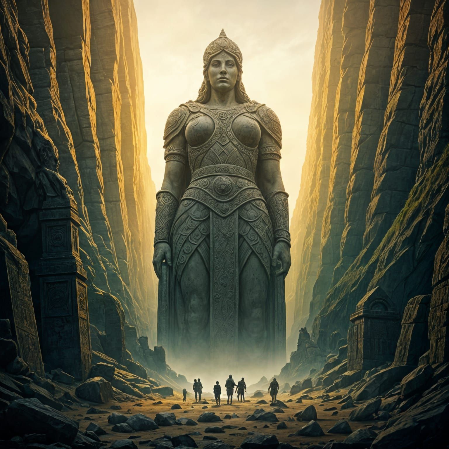 Colossal Celtic Statue of Boudicca in Misty Valley