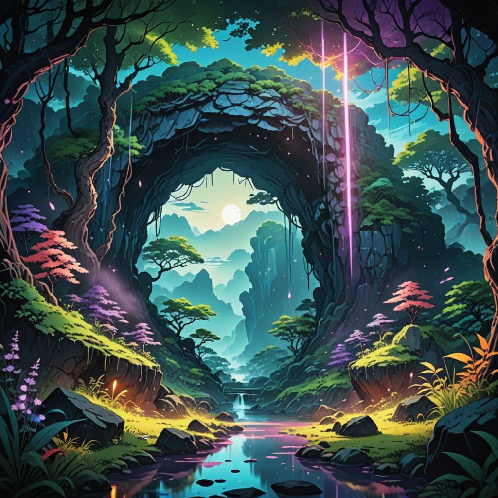 Glowing Portal in Enchanted Forest, Anime Art
