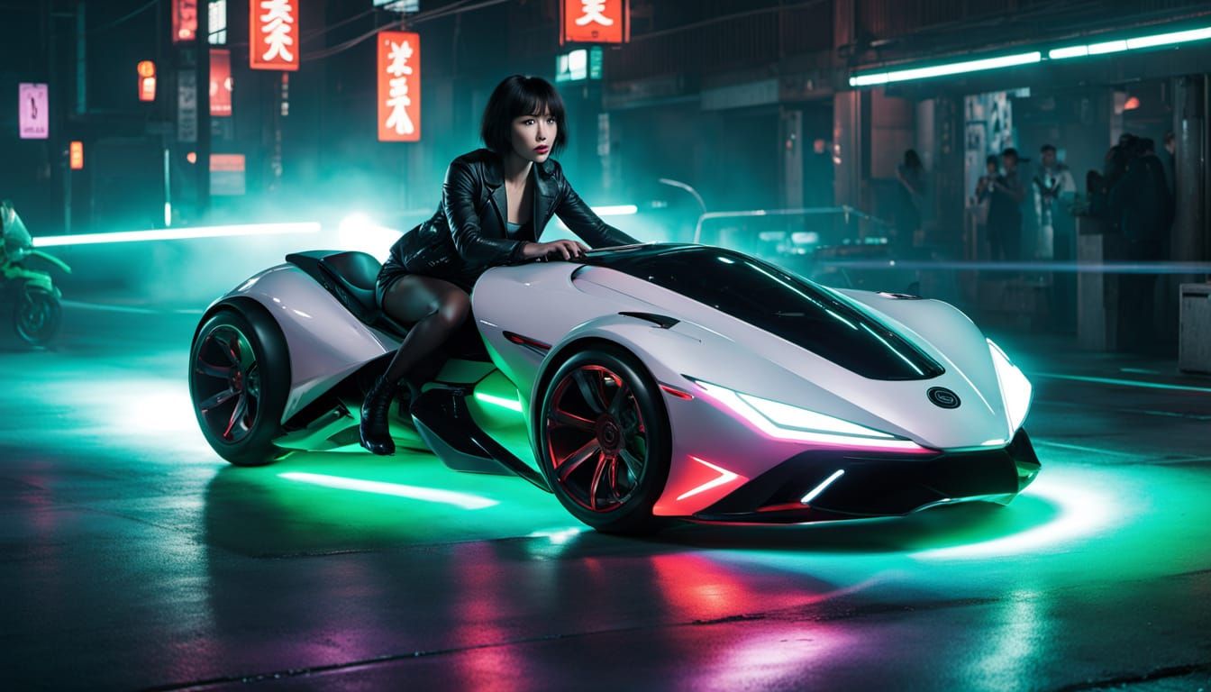 Cyberpunk Woman Rides Hovercraft in Neon Kyoto