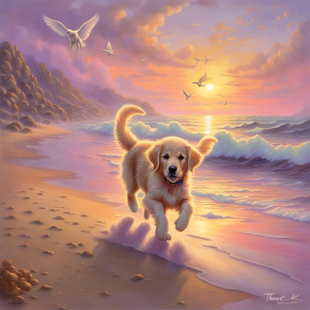 Golden Retriever Puppy with Angel Wings at Sunset