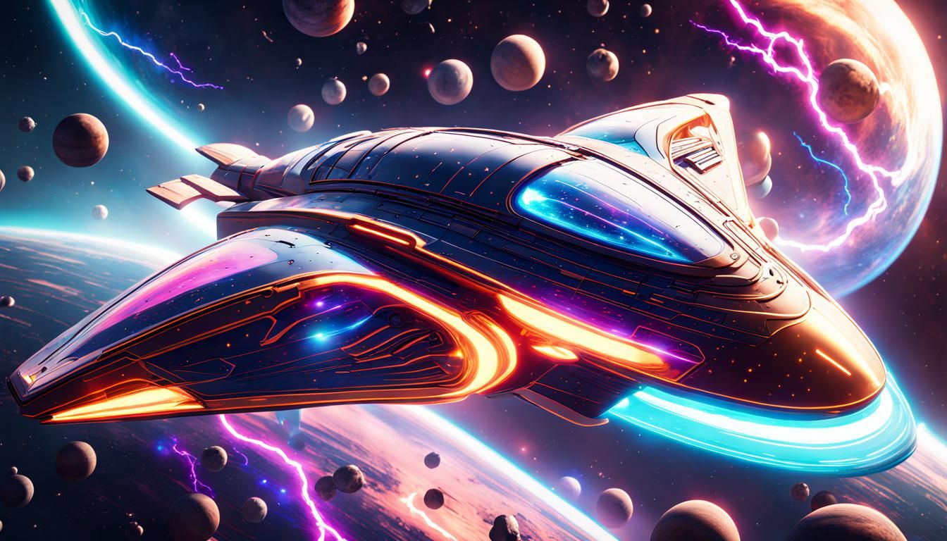 Futuristic Starship Surfing Lightning Wave in Space