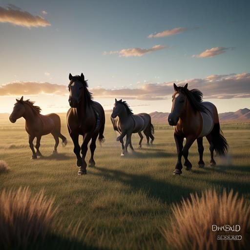 Wild Horses Grazing: Pixar-Style Sunset Scene