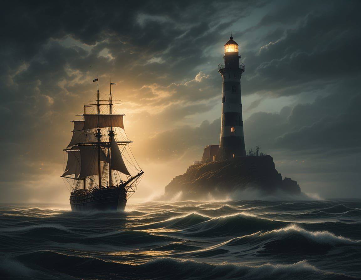 Majestic Galleon Sails Through Foggy Waters in Film Noir Sty...