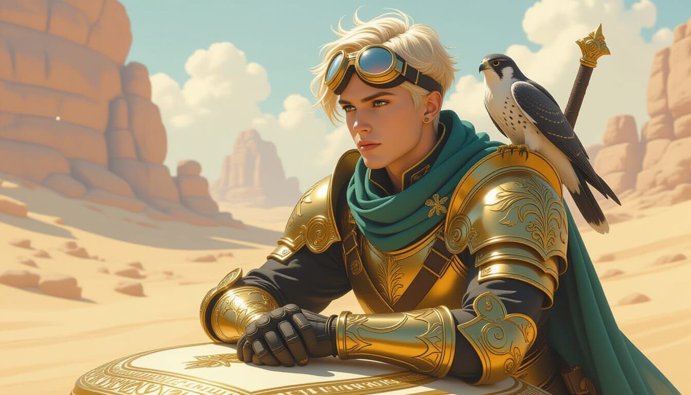Golden Warrior with Falcon and Dagger in Ethereal Mist