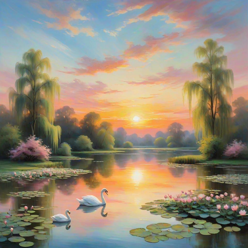 Serene Sunset Landscape with Tranquil Pond and Weeping Willo...