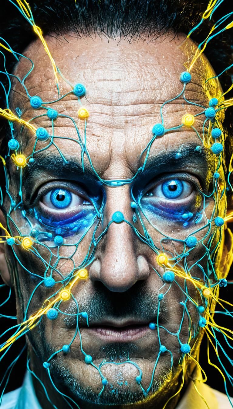 Surreal Portrait with Glowing Orbs in Cyberpunk Style