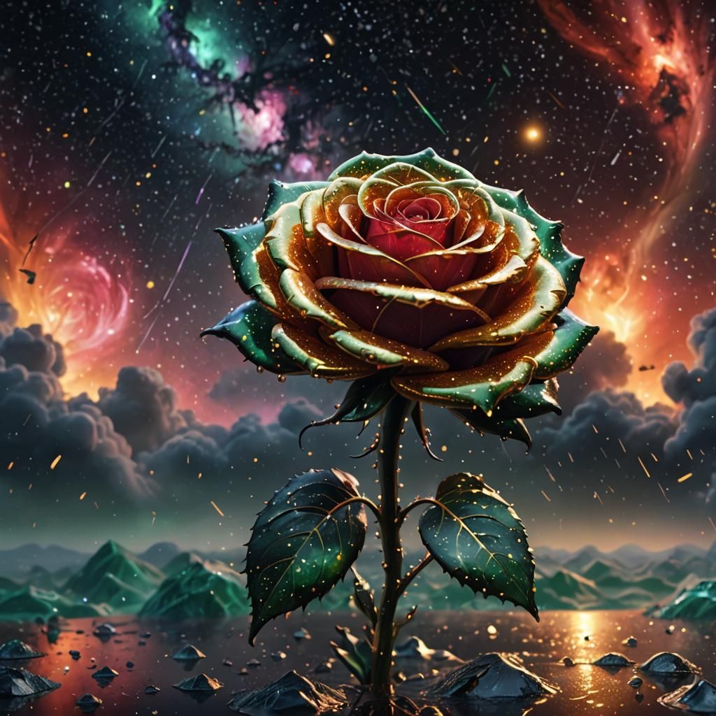 a gold glass transparent rose on a galaxy storm sky, red, green, black, lile,  drops wather, stars
