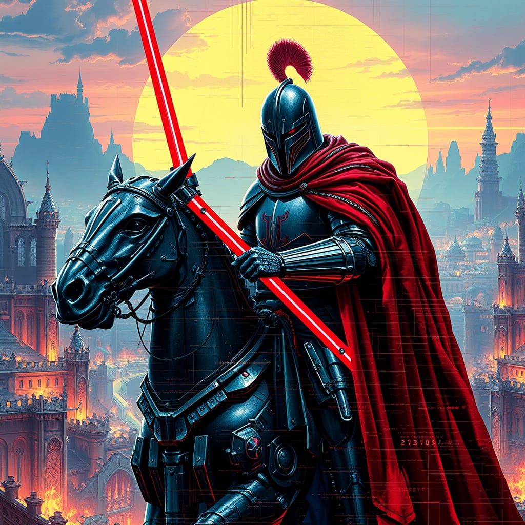 Knight Rides Mechanical Horse in Retro-Futuristic Landscape