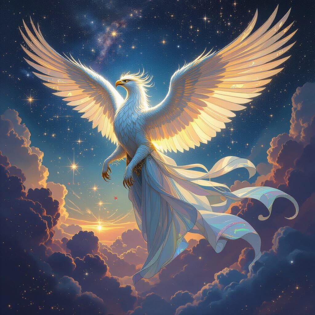 Celestial Griffin Soaring Through Nebula in Art Nouveau Styl...