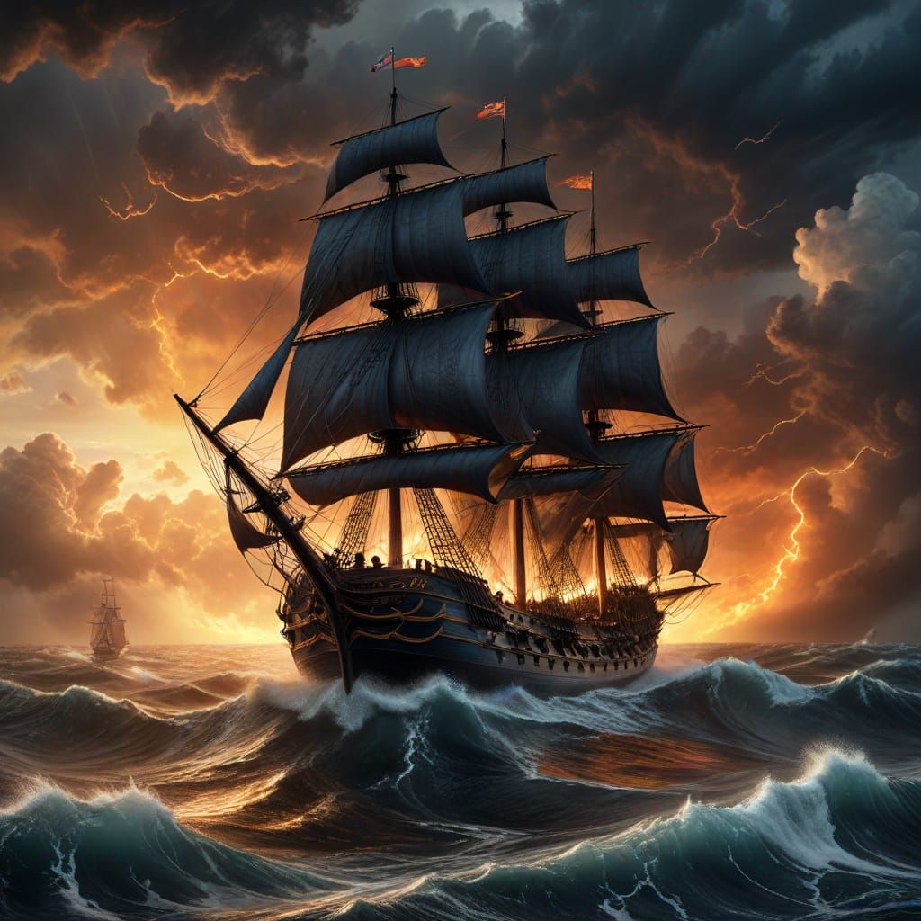 18th Century Ship Battles Storm: Charcoal Drawing