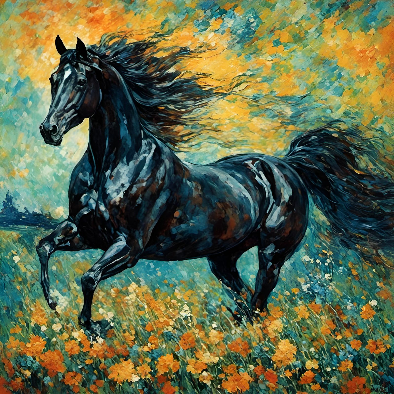 Black Stallion Galloping Through Starry Night Sky