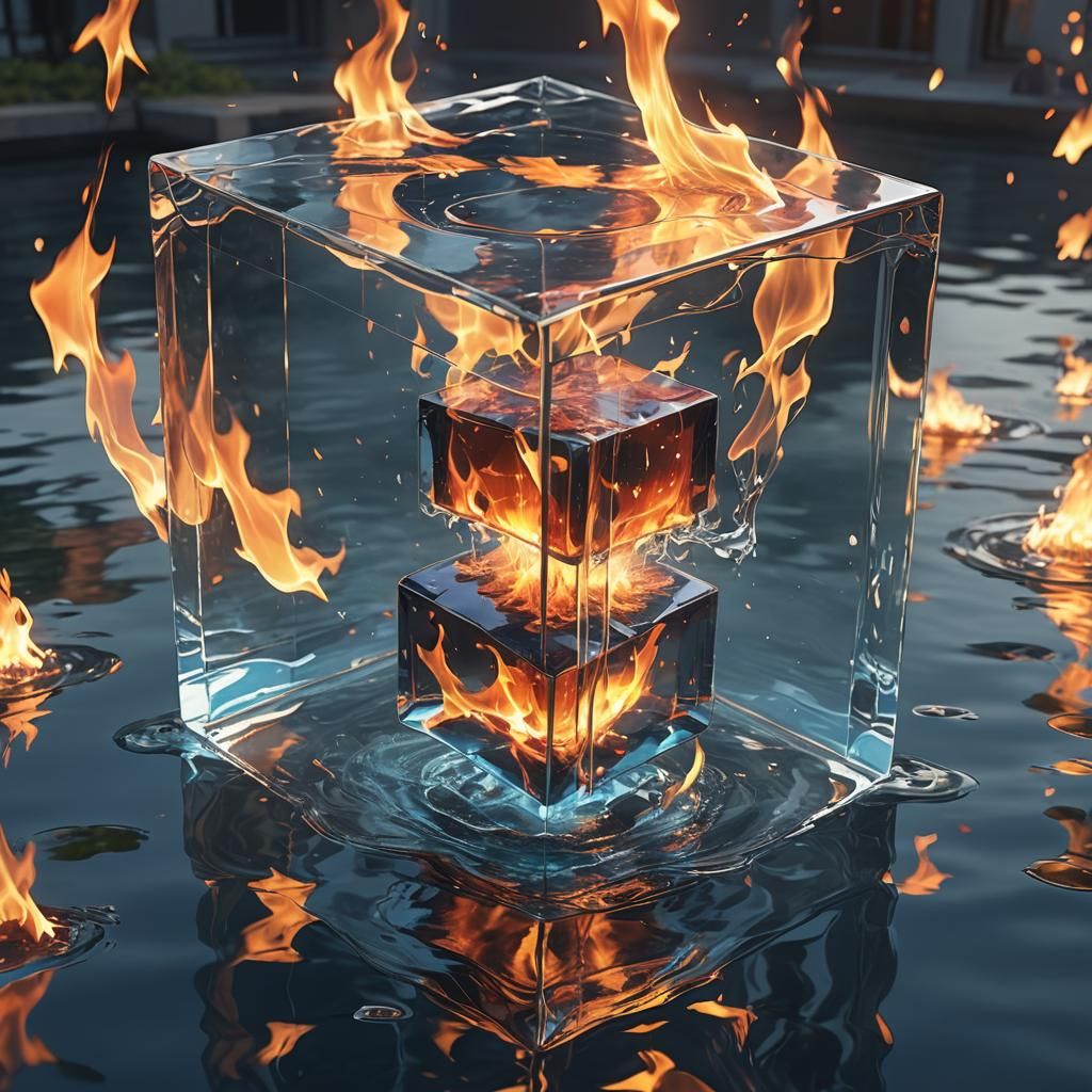 Fiery Glass Cube Floating Above Water: 3D Anime Art