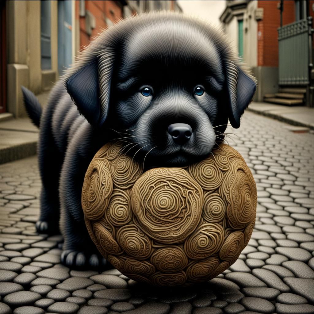 Newfoundland Puppy Smelling a Ball as Impasto 3D Art
