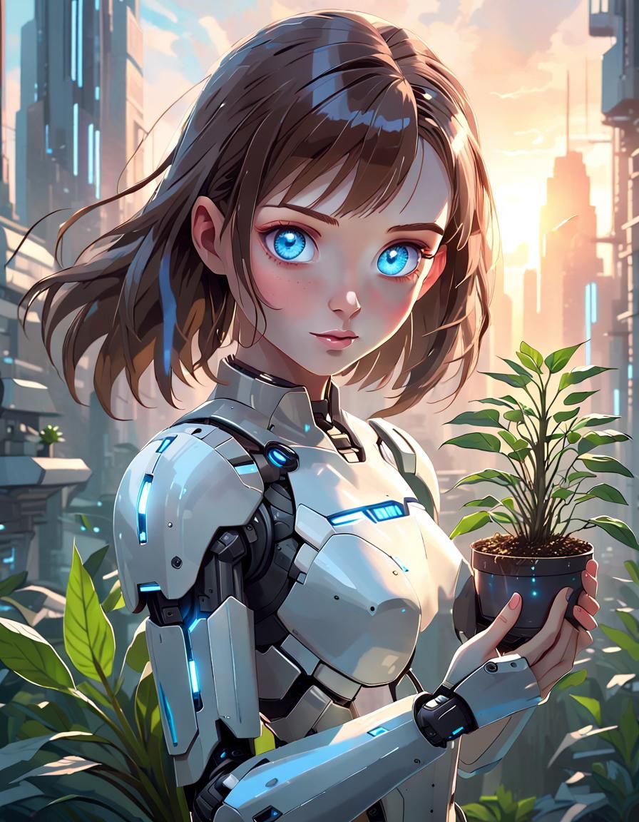 Android with Plant in Dystopian Cityscape