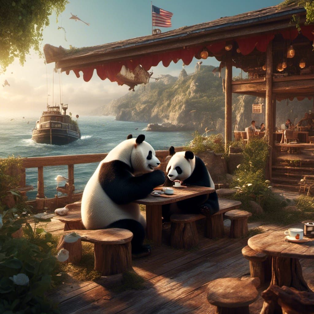 Panda Bear Coffee Break by the Sea