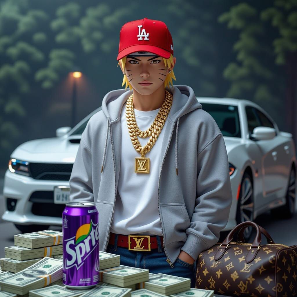 Photorealistic Naruto with LA Hat and Gold Chain
