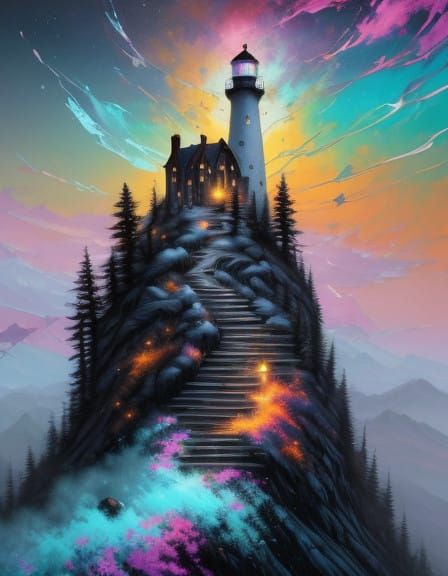 Ethereal Fantasy Lighthouse on a Mystical Hill
