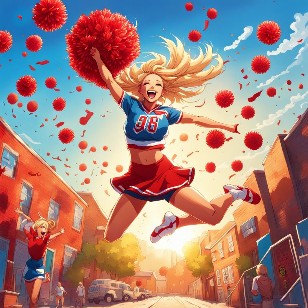 Cheerleader's Vibrant Jump in Graffiti Art Style