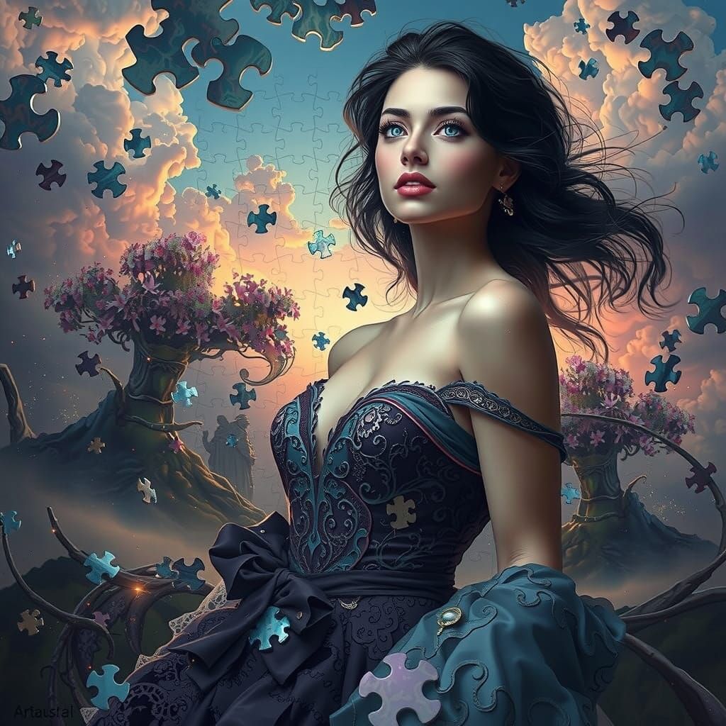Surreal Goddess Emerges from Shattered Puzzle into Vibrant R...