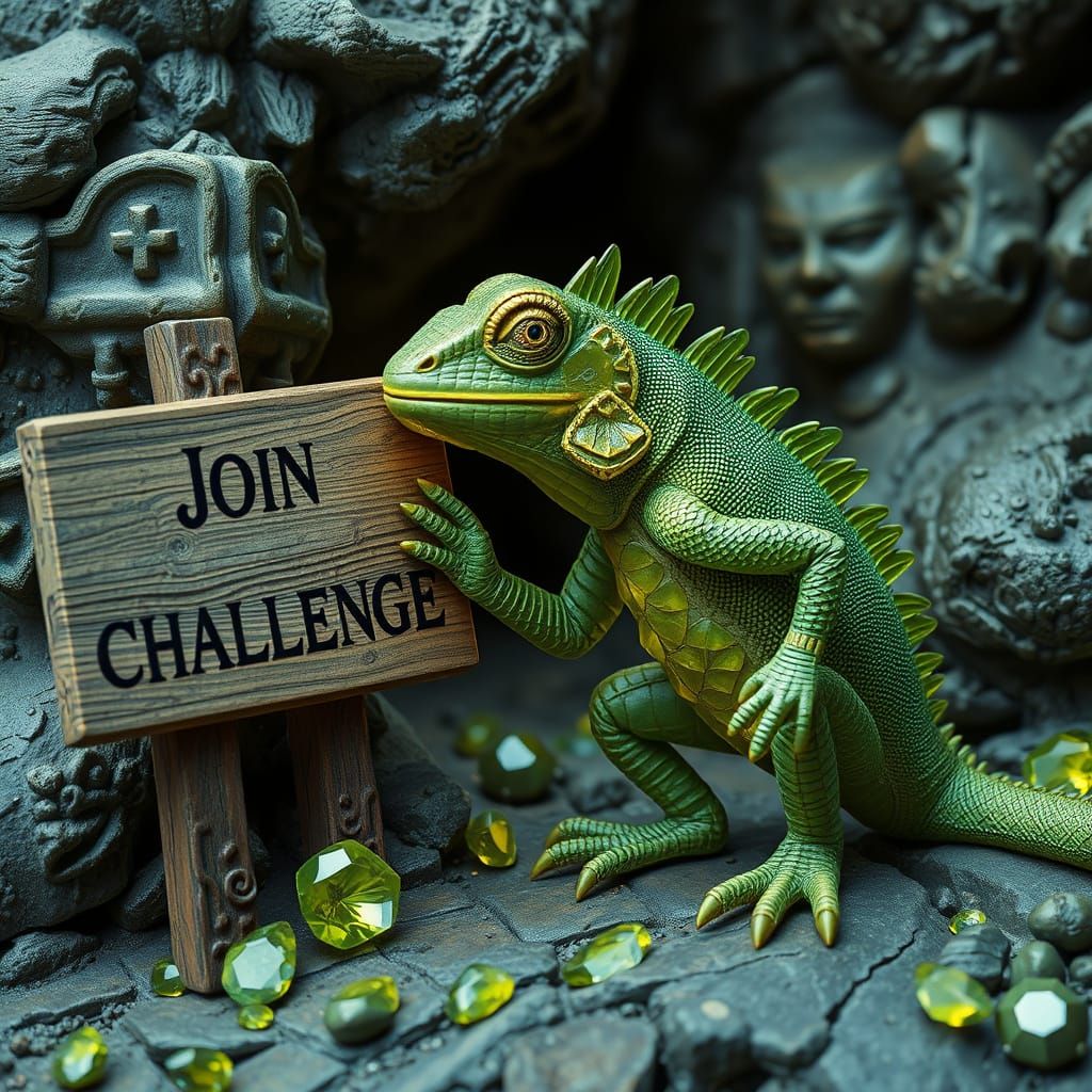 Gemstone Iguana Beside a Sign in Surreal Style