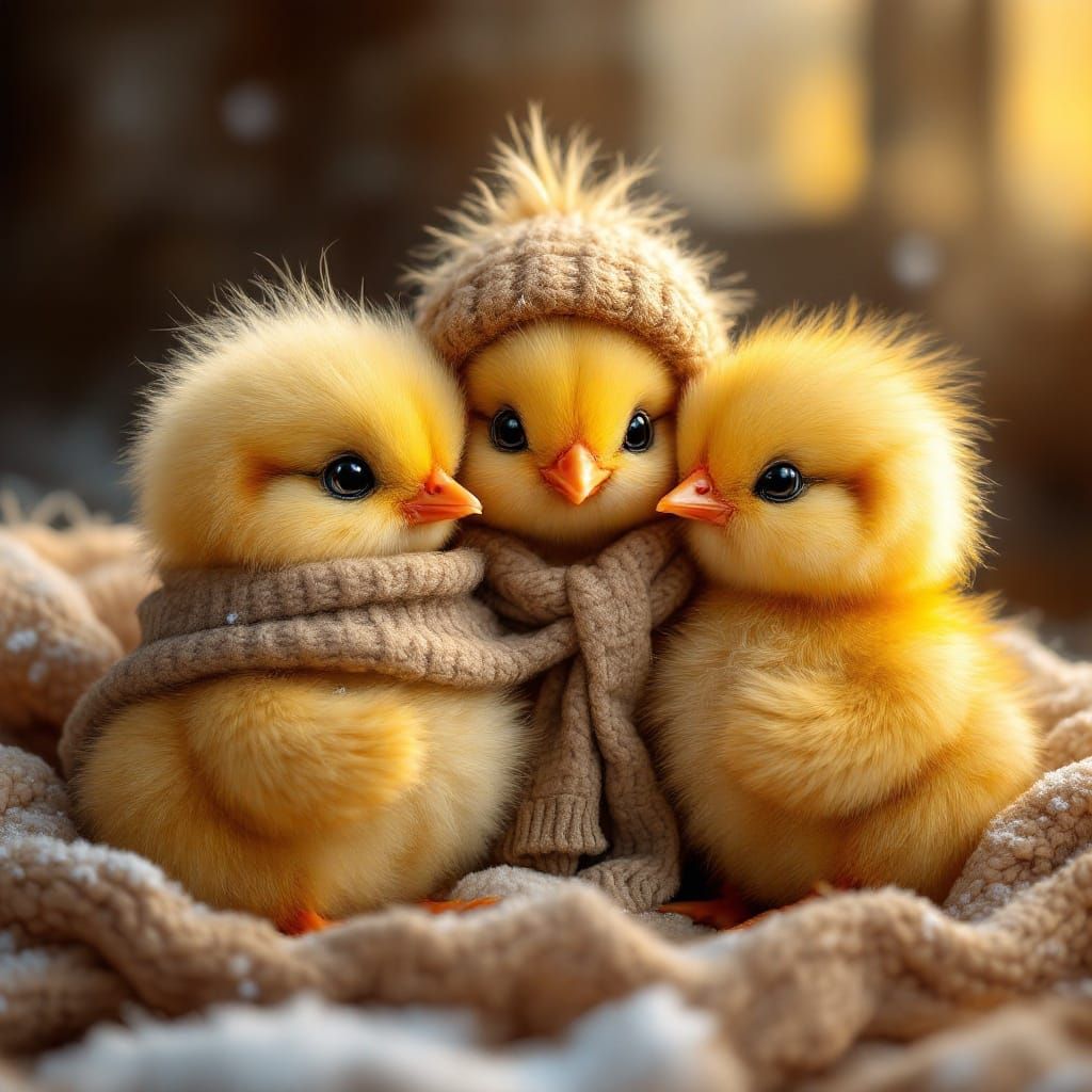 Cuddly Yellow Chick Friends Cozy Up in Winter Wonderland