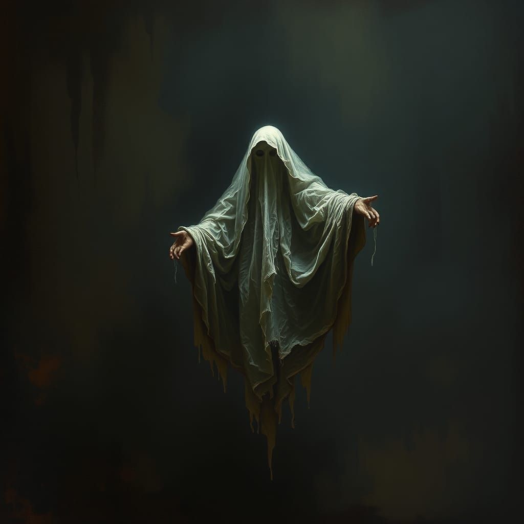 Ethereal Ghost Figure in Ominous Dark Landscape