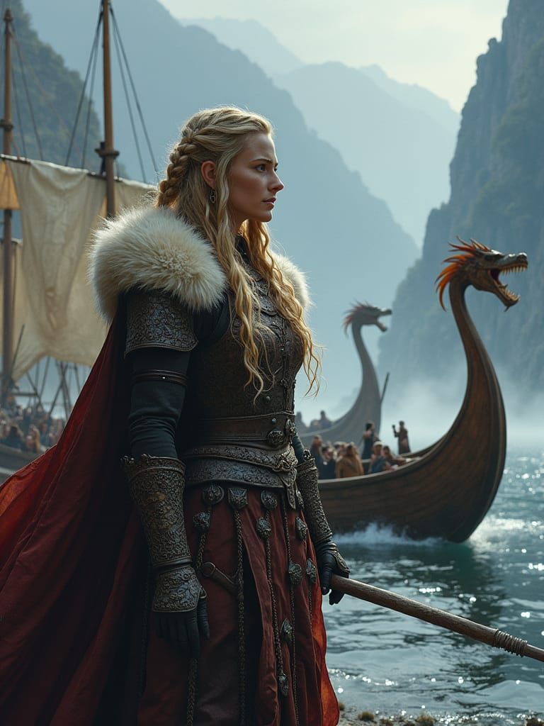 Viking Woman in Stormy Fjord: Detailed Realism