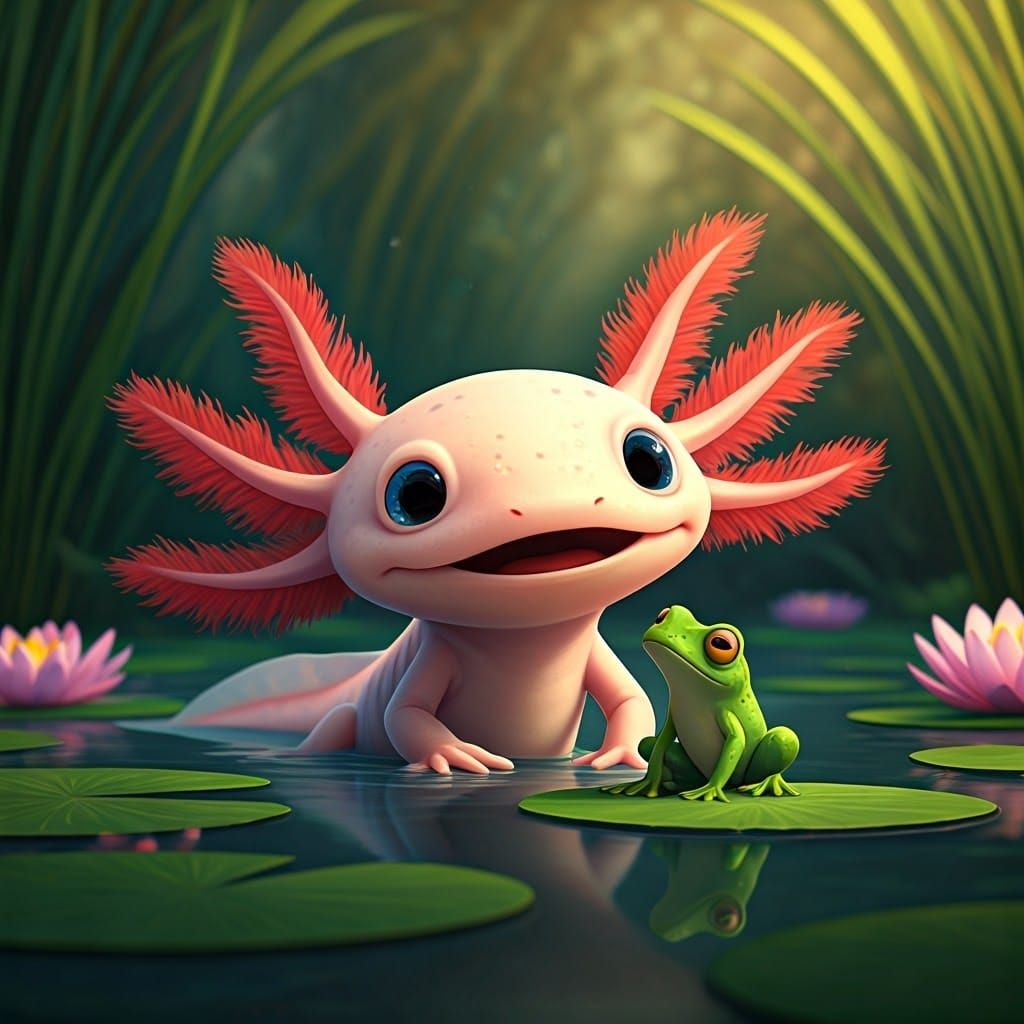 Enchanted Pond Scene: Whimsical Axolotl and Frog Friendship