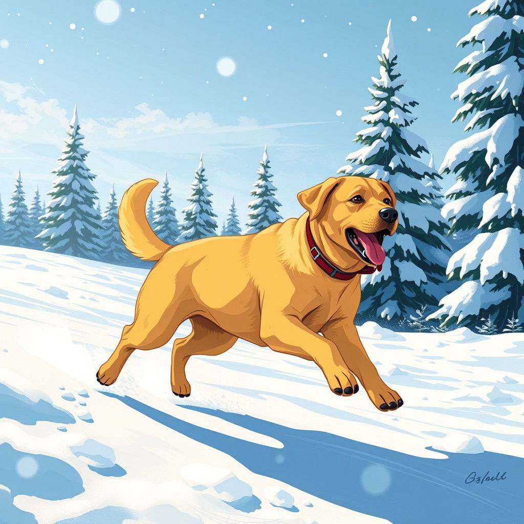 Yellow Labrador Runs in Snowy Anime Landscape