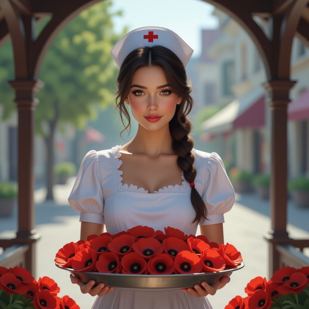 Nurse Selling Poppies in Roundabout Shelter