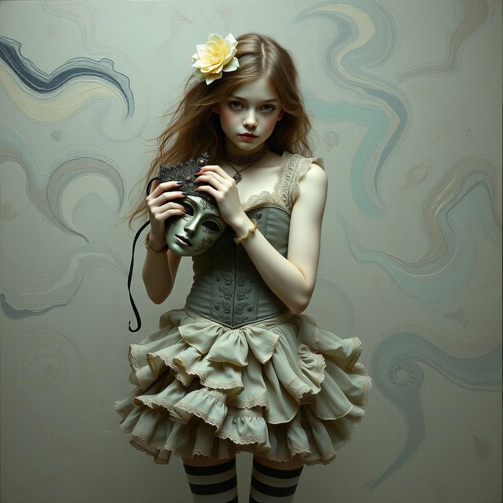 Fantasy Girl with Mask in Surrealist Oil Painting