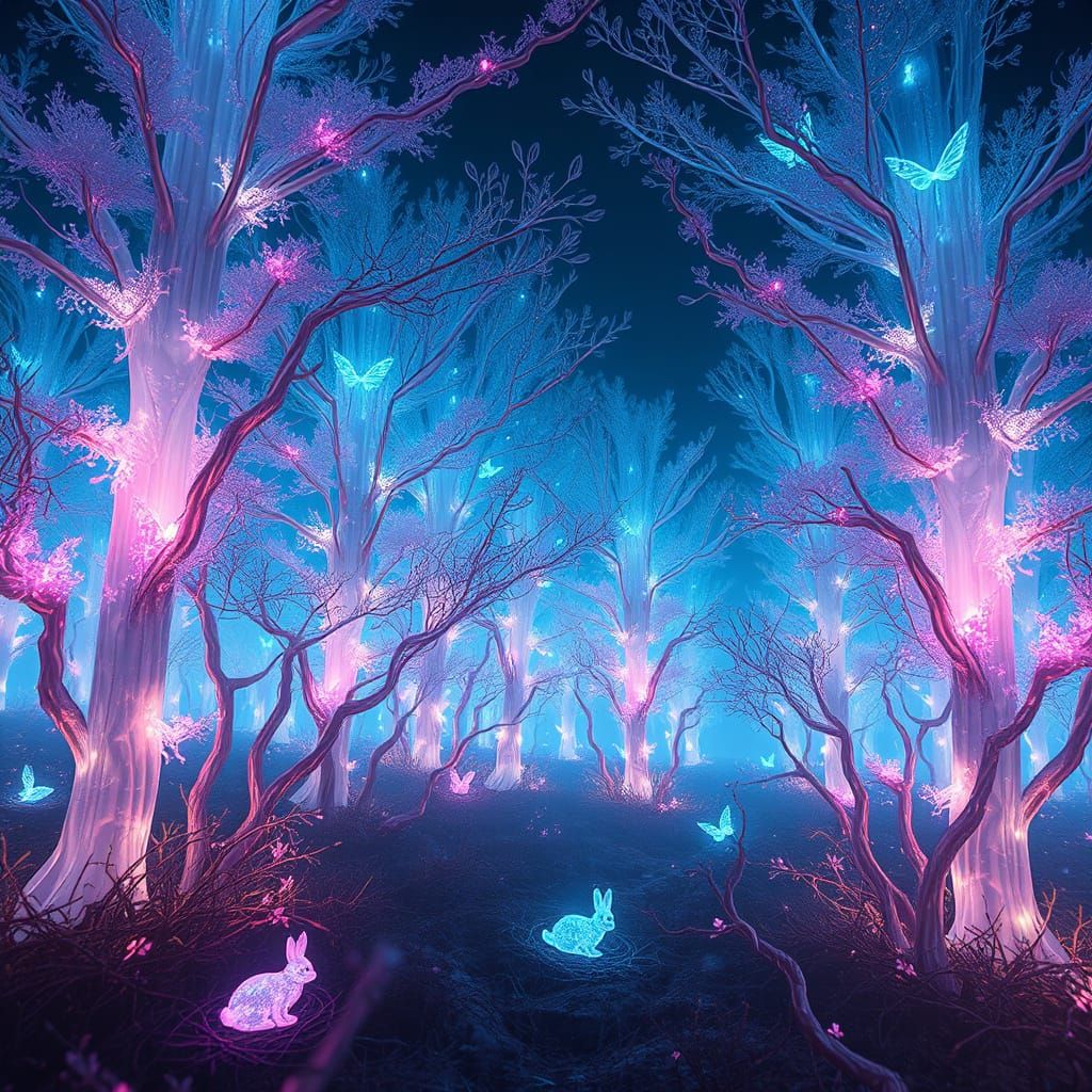 Whimsical Forest of Crystal Trees and Luminous Creatures