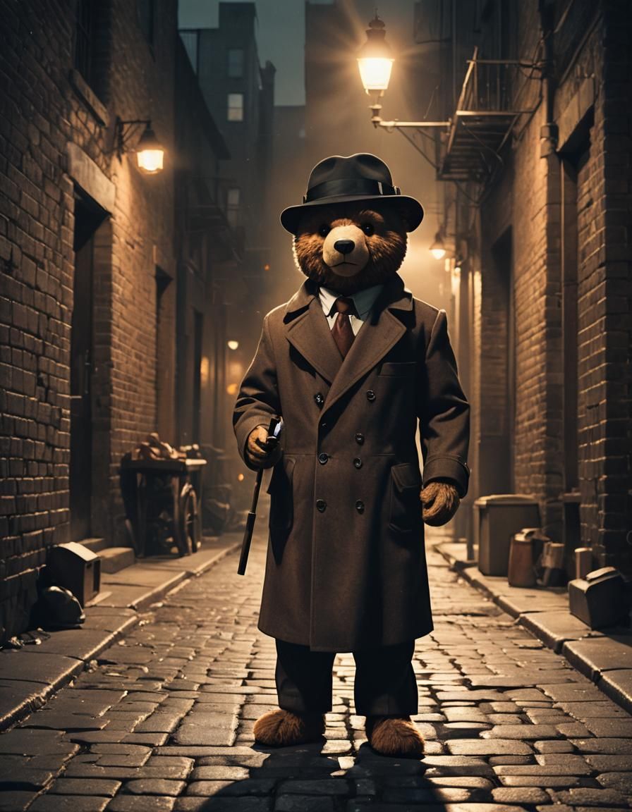 Film Noir Teddy Bear in Dark Alleyway