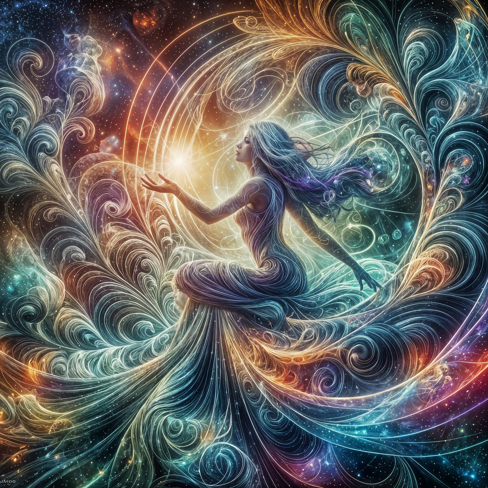 Woman's Journey Through Life's Stages in Astral Cosmic Style