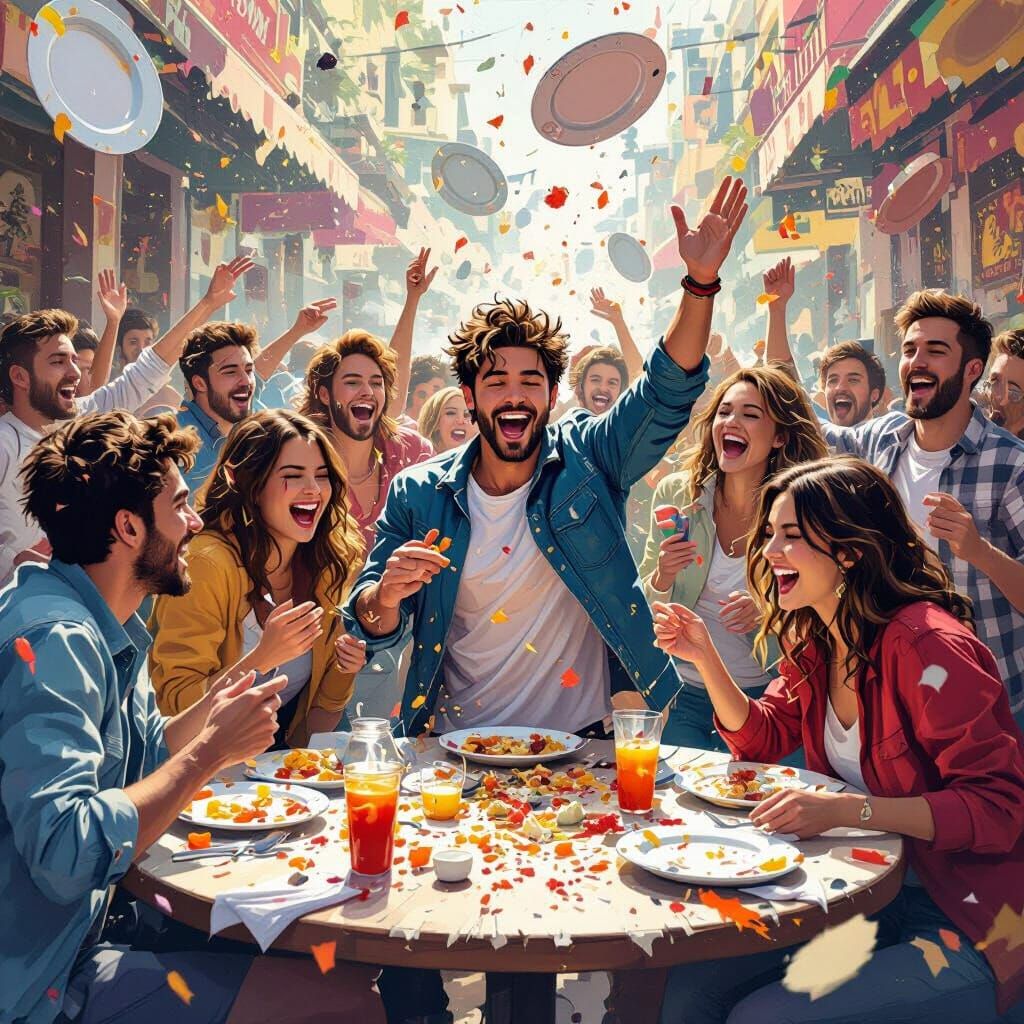 Chaotic Food Fight in Playful Artistic Style