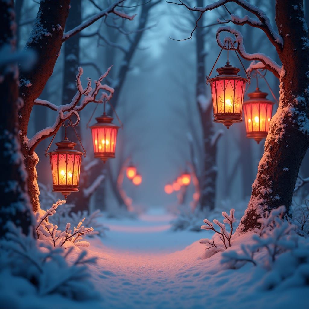 Winter Lanterns in a Whimsical Snowy Forest