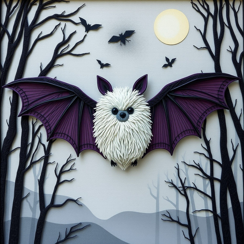 Fluffy Bat in Foggy Forest with String Art