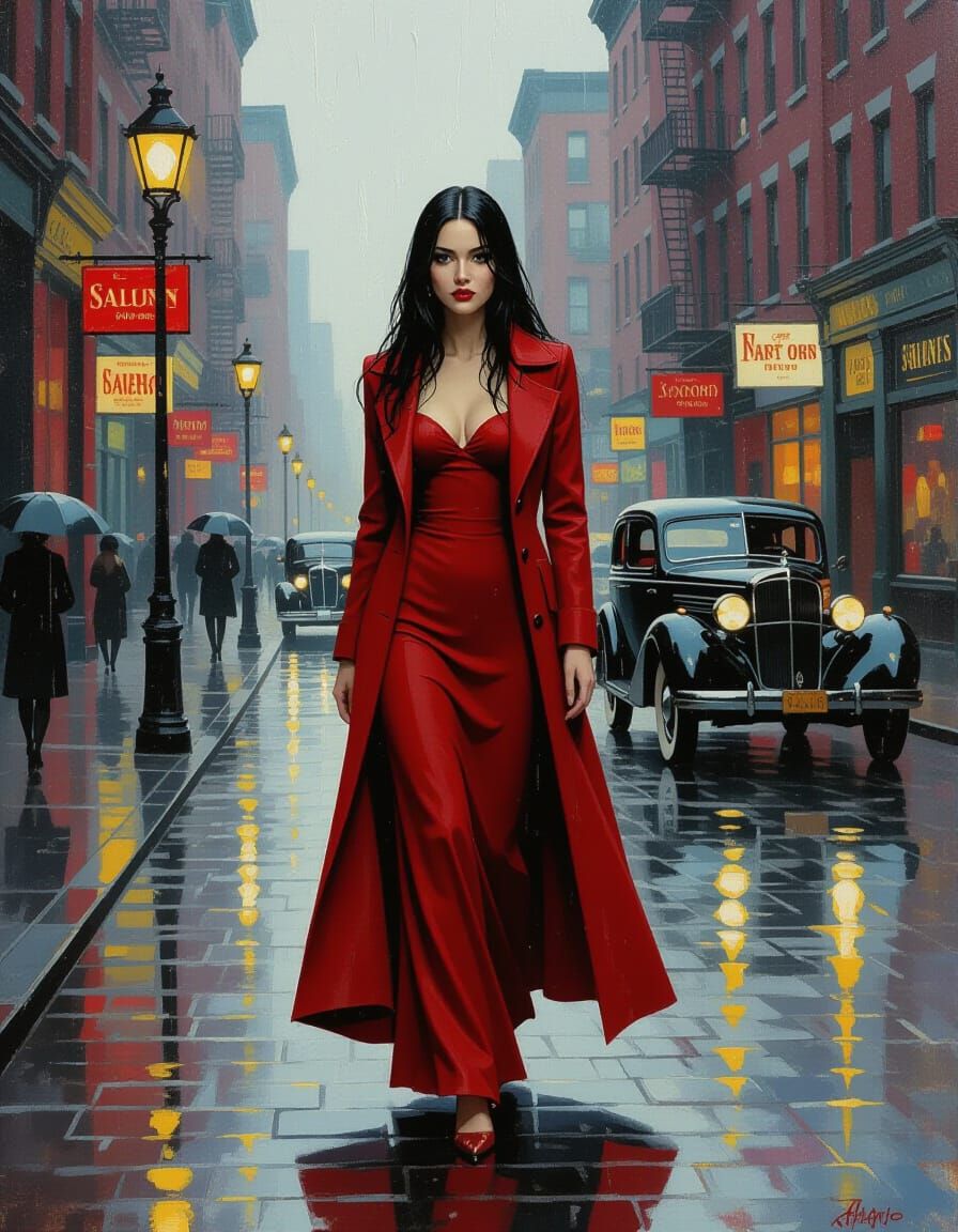 Dreamlike Woman in Red on Rainy 20th Century Manhattan Stree...