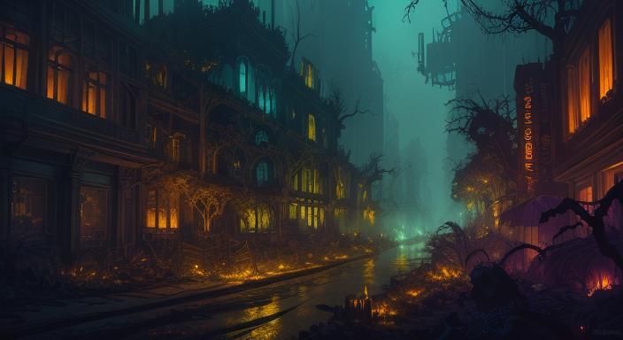 Infected Cityscape: Bioluminescent Dark Fantasy Concept Art