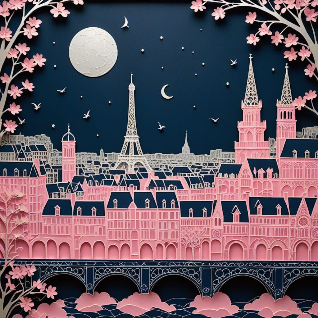 Paris in Kirigami Paper Art at Midnight