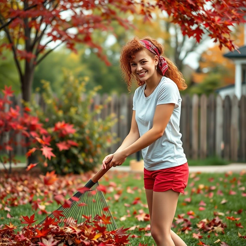 Happy Woman Raking Leaves in Autumn Yard