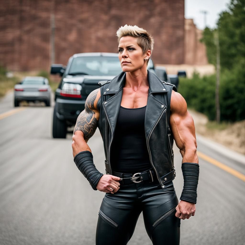 Butch Lesbian Biker Portrait with Massive Biceps