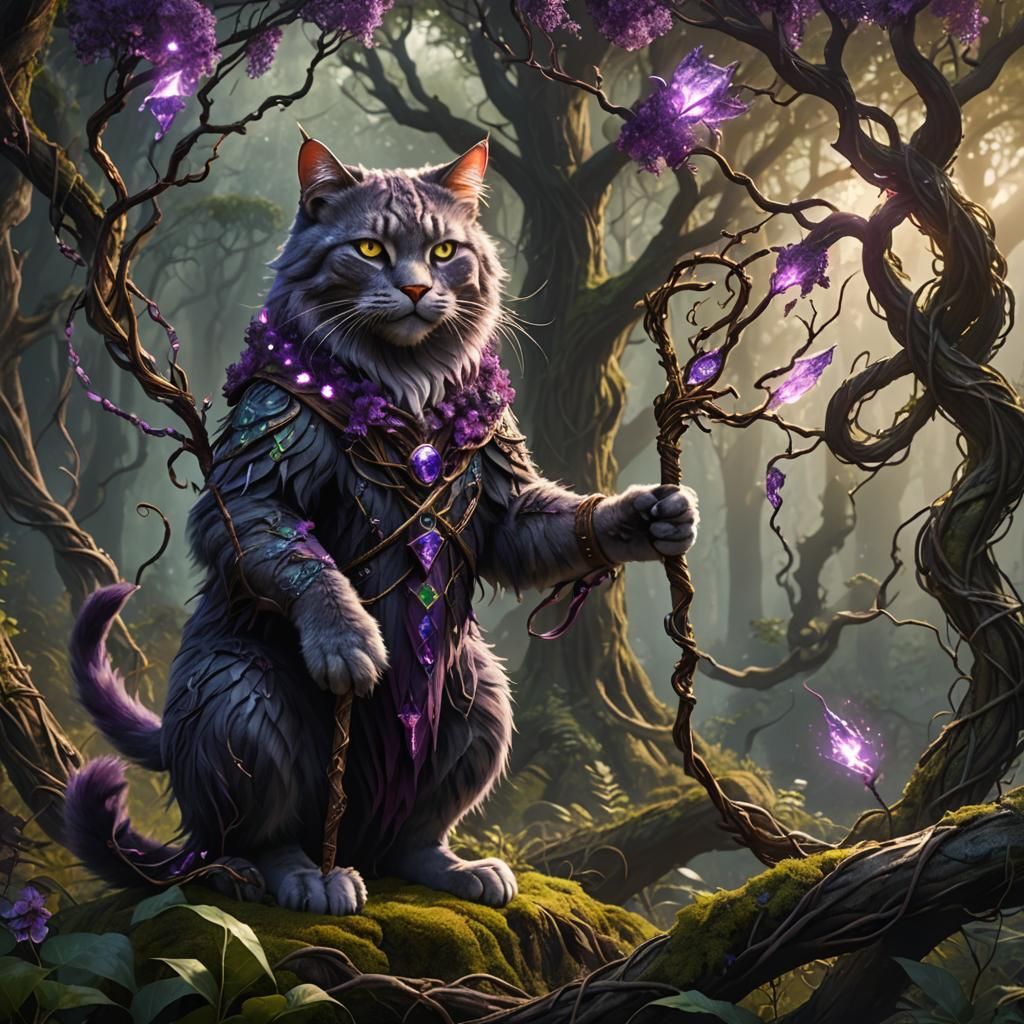 Fierce Druid Cat Defending Forest Home
