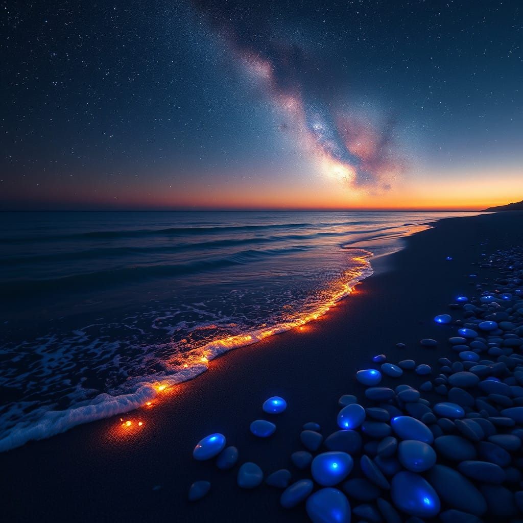 Starry Night Beach Scene with Glittering Light and Radiant P...