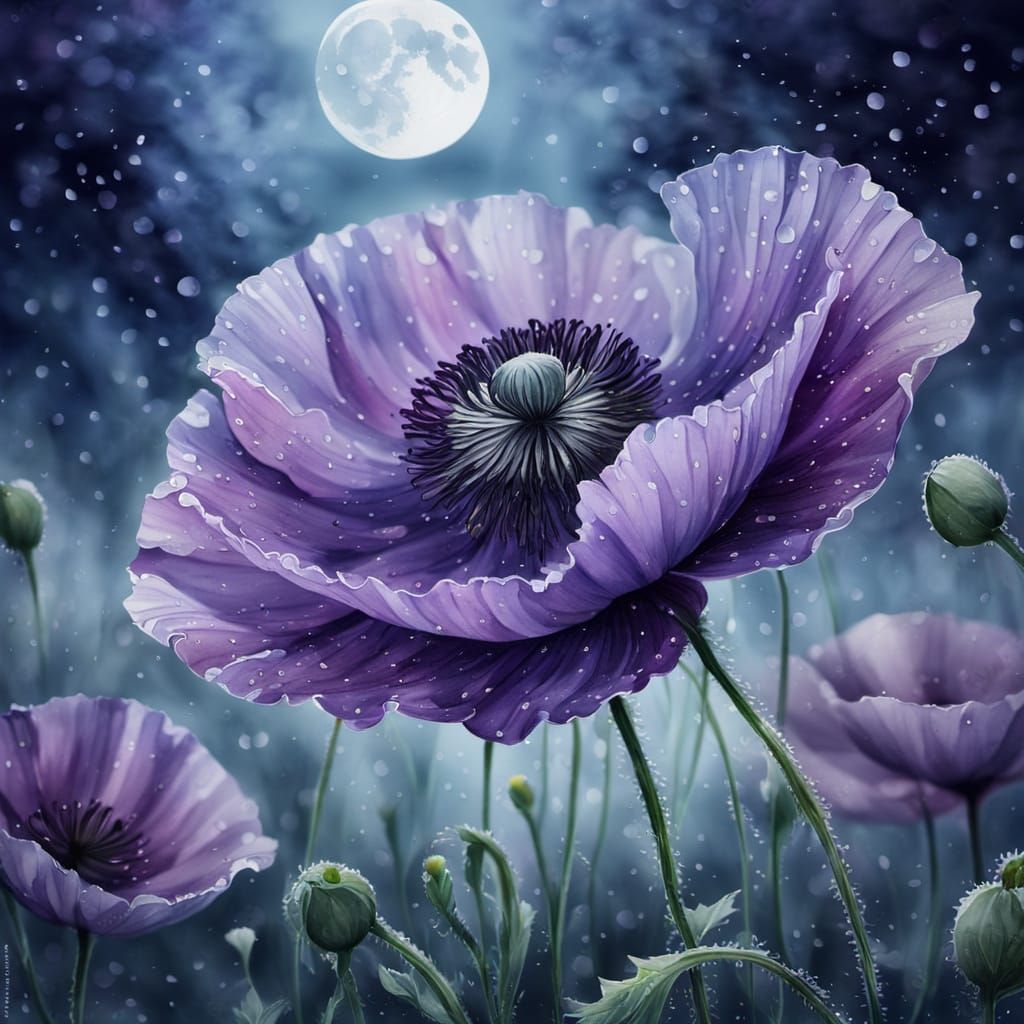 Ethereal Watercolor Poppy in Moonlight