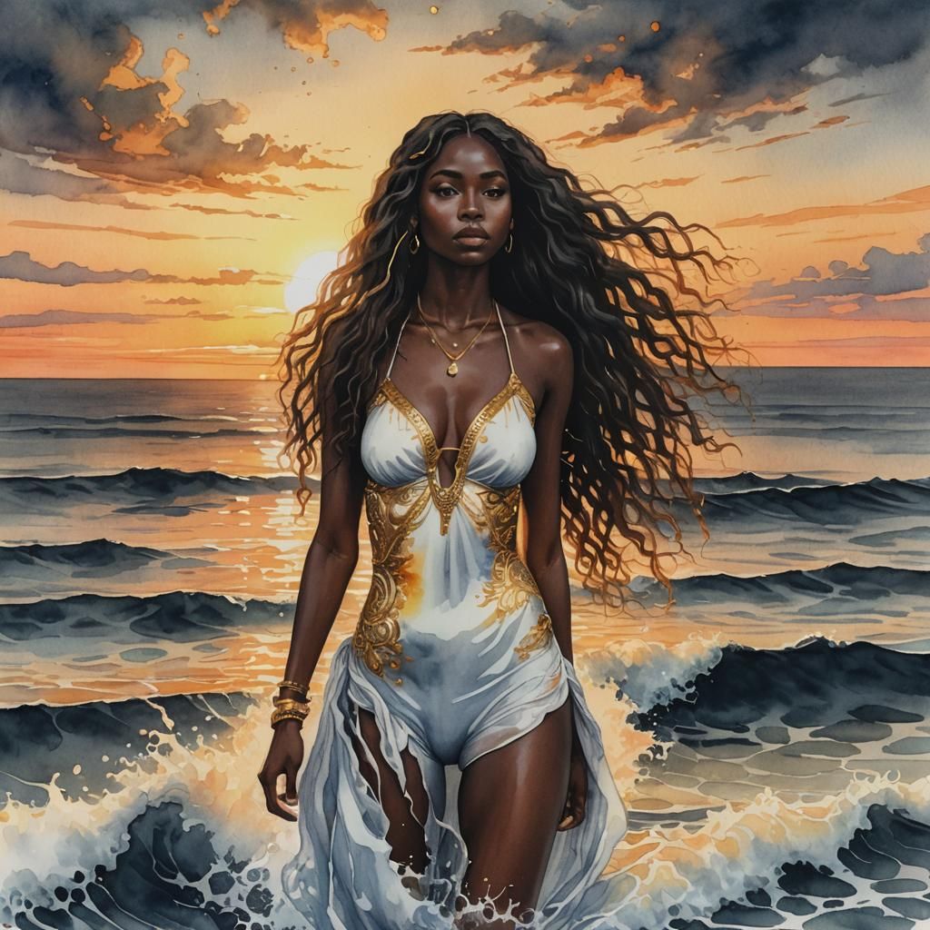 Luminescent Woman at Sunset, Charcoal Drawing