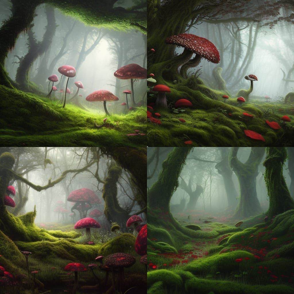 Enchanted Moss Forest with Roses, Hyperdetailed Art