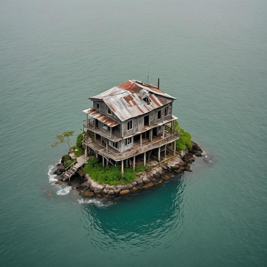 Rickety old house on a tiny island in the middle of the ocea...