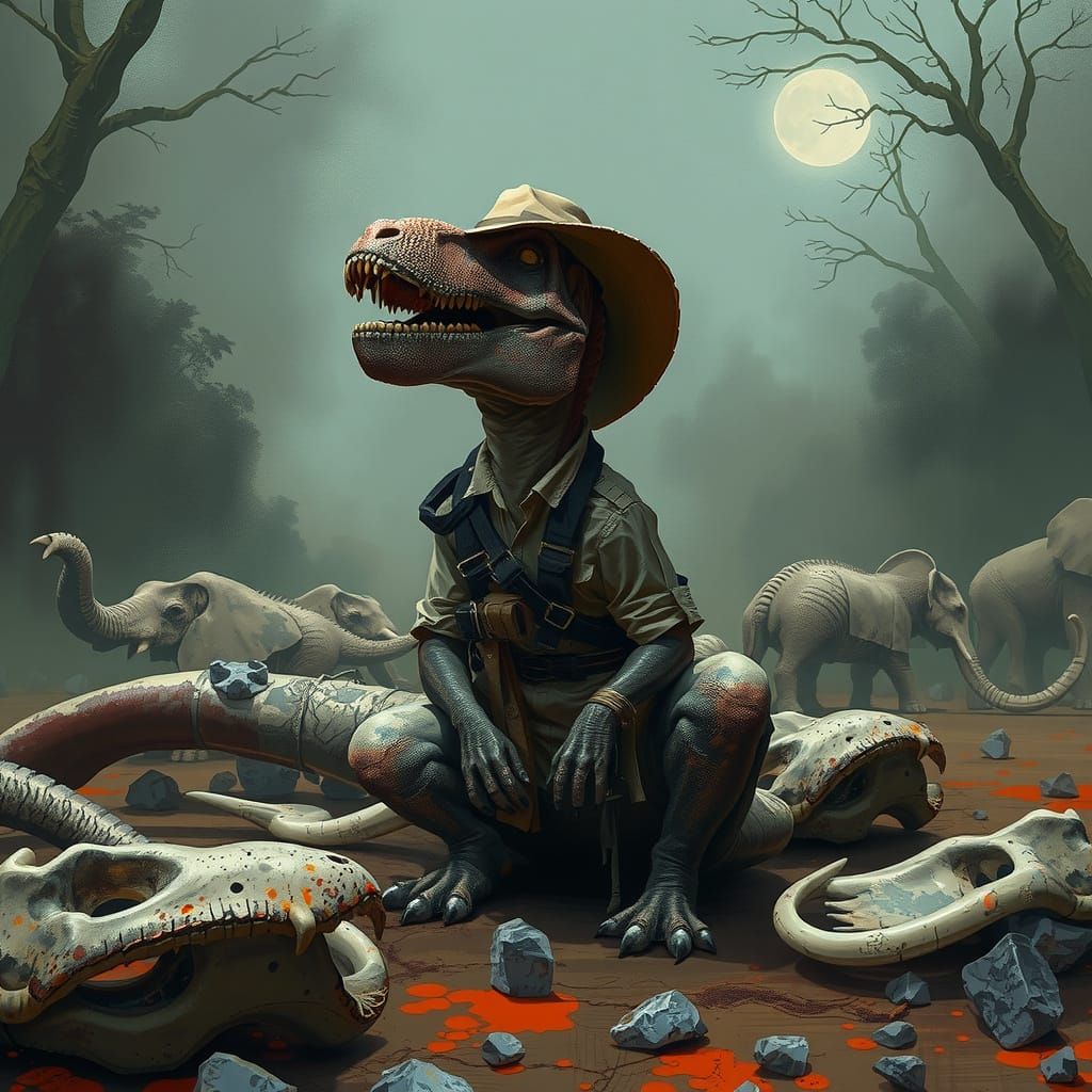 Contemplative Dinosaur in Graveyard, Digital Painting Style